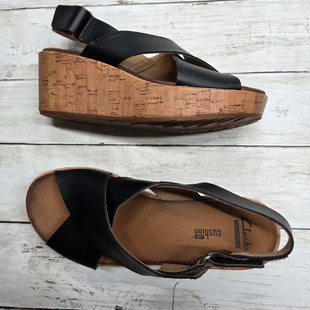Clarks Crisscross Wedge Sandals Women 6 Black Leather Cork Platform